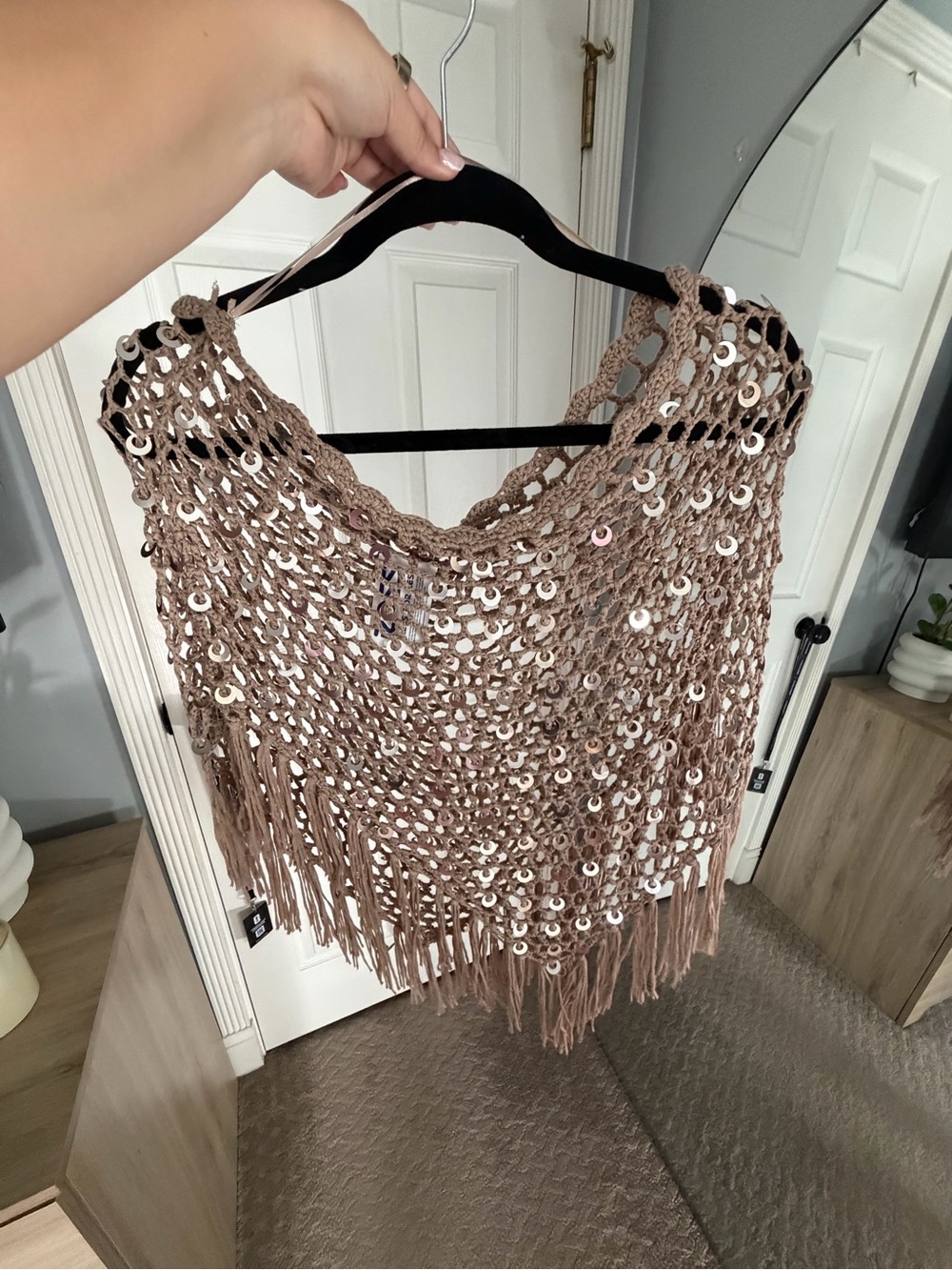 Womens Crochet Sequin Fringe Sweater Poncho - Taupe